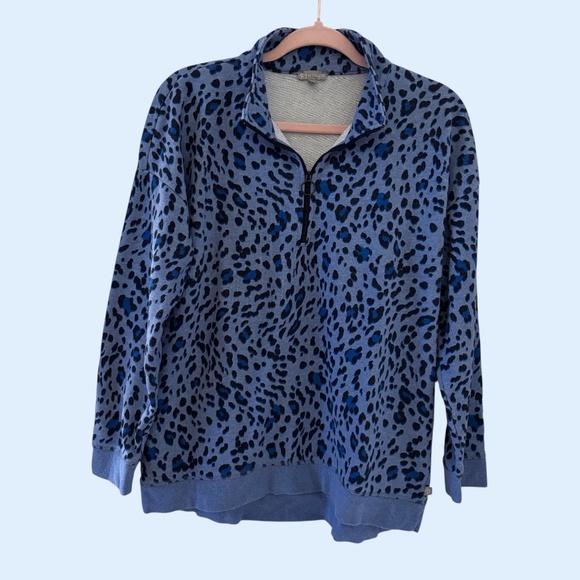 T by Talbots Blue Leopard Print Quarter Zip Pullover Sweatshirt Large Petite - Picture 1 of 8